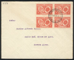 ARGENTINA: Cover Used In Buenos Aires On 27/AU/1929 (day Of Issue), Franked With 5c. Argentina-Brazil Peace Block Of 4 ( - Covers & Documents