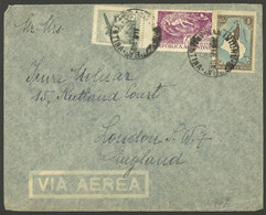 ARGENTINA: Airmail Cover From San Isidro To London In 1947, Franked With 25c. LADE Airlines + 15c. Aeronautics Week + $1 - Cartas & Documentos