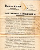 Documents Algériens De Novembre 1949 - 25ème Anniversaire Du Timbre Poste Algérien - Filatelia E Historia De Correos