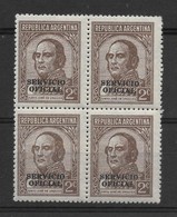 ARGENTINA 1935 URQUIZA 2C OFICIAL OVERPRINTED SERVICIO OFICIAL MINT NH BLOCK OF FOUR VALUES MI D32 SC 038 - Collezioni & Lotti