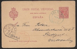 1897 Spain - Postal Stationery Card - Seapost - Canarias To Germany - Liverpool Packet - Briefe U. Dokumente