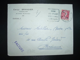 LETTRE TP M. DE MULLER 15F OBL. DAGUIN 14-6 1956 RIONS GIRONDE (33) SES GRANDS VINS BLANCS SUPERIEURS + EMILE BRANDIER - Sonstige & Ohne Zuordnung