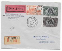 1948 - POSTE AERIENNE - TUNISIE - ENVELOPPE RECOMMANDEE VOL SPECIAL KLM AMSTERDAM - TUNIS - JOHANNESBURG - Lettres & Documents