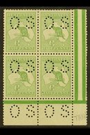 OFFICIALS 1913 ½d Pale Green, Punctured "O S" (smaller Letters, SG Type O2), Corner Marginal Block Of 4, SG O16, Very Fi - Autres & Non Classés