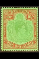 1942 10s Bluish Green And Deep Red On Green LINE PERF 14¼, Showing The Rare BROKEN TOP RIGHT SCROLL, SG 119bd, Mint With - Bermudes