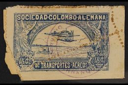 1920-21 SCADTA - DRAMATIC PERFORATION ERROR 15c Blue Hydroplane (Scott C13, SG 13, Michel 2), Used Example On Small Piec - Colombie