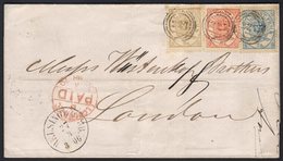 1870 (27 Mar) Envelope To London Bearing A Spectacular Three - Colour Franking Of The 1864-70 2sk Blue, 4sk Vermilion &  - Otros & Sin Clasificación
