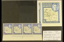 1946-49 3d Blue Thick Map IMPRINT STRIP OF FOUR, The Fourth Stamp Showing The "TEARDROP" FLAW, SG G4+G4e, Never Hinged M - Falkland