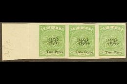 1877 Laid Paper 2d On 3d Yellow-green (as SG 32) IMPERF HORIZONTAL STRIP OF THREE, Ex Printer's Trials, Never Hinged Min - Fidji (...-1970)