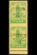 1919 "5" On 20c Emerald "Franco" Overprint Yellowish Paper Type A Lower Marginal Vertical IMPERF BETWEEN PAIR Variety, S - Fiume