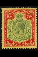 1914-21 5s. Green And Red On Yellow Key Plate, SG 88, Very Fine Mint. For More Images, Please Visit Http://www.sandafayr - Malta (...-1964)