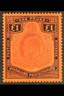 1908 £1 Purple And Black On Red, Ed VII, SG 81, Very Fine Mint. For More Images, Please Visit Http://www.sandafayre.com/ - Nyasaland (1907-1953)