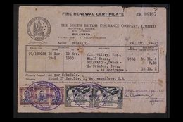 REVENUE DOCUMENT 1949 FIRE RENEWAL CERTIFICATE Bearing 2s6d KGVI (x3) & 2d UPU (x2) Stamps Tied By Violet Oval "Bulawayo - Rhodésie Du Sud (...-1964)