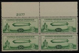 1933 50c Green Graf Zeppelin Air Post, Scott C18 (SG A732) Never Hinged Mint BLOCK OF FOUR WITH PLATE NUMBER. For More I - Otros & Sin Clasificación