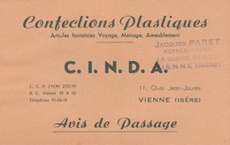 C.I.N.D.A. : Avis De Passage : Confections Plastiques Articles Fantaisies Voyage, Ménage, Ameublement ( Vienne - Isère ) - Mercanti