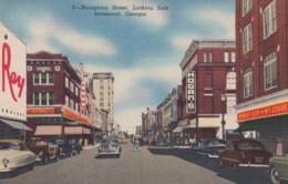 Savannah Georgia, Broughton Street Scene, Autos Business Signs, C1950s Vintage Curteich Linen Postcard - Savannah