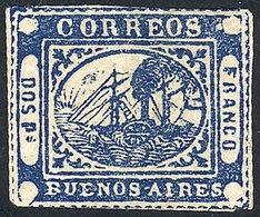 ARGENTINA: GJ.5, Dos Ps. Blue, Fantastic Mint Example With Margins All Around, Signed By Victor Kneitschel On Back, Supe - Buenos Aires (1858-1864)