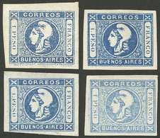 ARGENTINA: GJ.17 + 17m, 1P. In Blue, Dark Blue, Light Blue (in Thin Transparent Paper, GJ.17m) And Azure, Mint, Wide Mar - Buenos Aires (1858-1864)