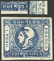 ARGENTINA: COMBINATION OF VARIETIES: GJ.17d + 17e, 1P. Dark Blue With 2 Varieties: "BUENQS" And "flaw On The Right Frame - Buenos Aires (1858-1864)