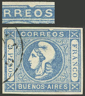 ARGENTINA: GJ.22a, 1862 2P. Blue With Variety "Top Frame Line Broken", Used, VF Quality!" - Buenos Aires (1858-1864)