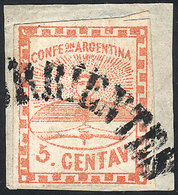 ARGENTINA: GJ.1, 5c. Tied On Fragment By CORRIENTES In Large Arch (+600%), Very Rare, Superb, Signed By Alberto Solari O - Gebruikt