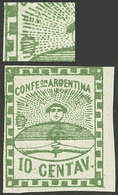 ARGENTINA: GJ.2Ac, 10c. DARK Green, With Variety: "Retouch In The Left Rays Of The Sun" (position 45 On The Left Half, P - Used Stamps