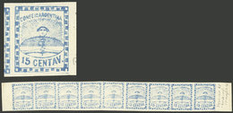 ARGENTINA: GJ.3a + 3h, 15c. Blue, Strip With The 9 Types, The Right Stamp With Variety "Bottom Frame Incomplete" (positi - Oblitérés