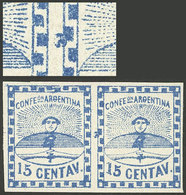 ARGENTINA: GJ.3d, 15c. Blue, Pair, The Right Stamp With Variety "Spot At Half The Left Frame" (position 25, Right Half,  - Used Stamps