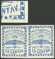 ARGENTINA: GJ.3e, 15c. Blue, Pair, The Left Stamp With Variety: "TAV Letters Retouched, Adjacent Oval Incomplete, And Sm - Used Stamps