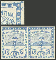 ARGENTINA: GJ.3j, 15c. Blue, Pair, The Right Stamp With Variety "Inner Top Right Corner Incomplete And Traces Of Nail Ma - Usati