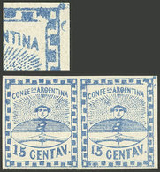 ARGENTINA: GJ.3j, 15c. Blue, Pair, The Right Stamp With Variety "Inner Top Right Corner Incomplete And Traces Of Nail Ma - Gebruikt