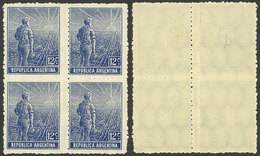 ARGENTINA: GJ.344, 1912 12c. Plowman, Block Of 4 With DOUBLE VERTICAL PERFORATION, Superb, Rare! - Cartas & Documentos