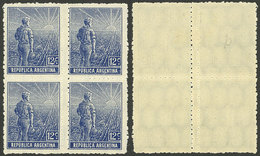 ARGENTINA: GJ.344, 1912 12c. Plowman, Block Of 4 With DOUBLE VERTICAL PERFORATION, Superb, Rare! - Lettres & Documents