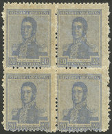 ARGENTINA: GJ.472A, 1918 20c. San Martín Without Watermark, Block Of 4 Perf 11½ (perforation Proof), The Bottom Stamps M - Cartas & Documentos