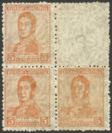 ARGENTINA: GJ.498SG, 1920 5c. San Martín With Multiple Suns Wmk, Block Of 4 PRINTED ON GUM, One Stamp Without Impression - Lettres & Documents