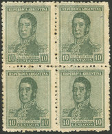 ARGENTINA: GJ.514a, 1920 San Martín 10c. With Fiscal Sun Wmk, Block Of 4 With DOUBLE IMPRESSION, VF, Rare! - Lettres & Documents