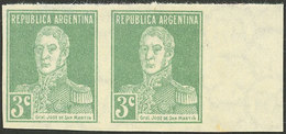 ARGENTINA: GJ.597P, 1924 3c. San Martín W/o Period, IMPERFORATE PAIR, Mint Without Gum, VF Quality! - Briefe U. Dokumente