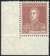 ARGENTINA: GJ.618, 1924 24c. San Martín W/o Period, Printed On RIBBED PAPER, Fantastic Corner Example, MNH (+50%), Possi - Storia Postale