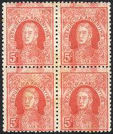 ARGENTINA: GJ.622a, 1926 5c. San Martín, Block Of 4 With COMPLETE DOUBLE IMPRESSION Variety, Very Notable, Rare! - Lettres & Documents