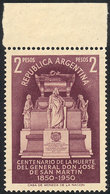 ARGENTINA: GJ.982A, 1950 2P. Mausoleum Of San Martín, Printed On YELLOWISH PAPER WITHOUT WATERMARK, Without Gum, MNH (it - Lettres & Documents