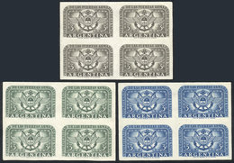 ARGENTINA: GJ.1061, 1955 Armed Forces, PROOFS On Ordinary Paper, BLOCKS OF 4 In The 3 Known Colors, VF Quality! - Briefe U. Dokumente