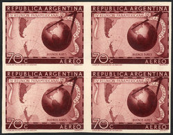 ARGENTINA: GJ.962, 1949 Cartography, PROOF In Chestnut-lilac, Imperforate Block Of 4 Printed On Opaque Paper, Minor Defe - Luftpost