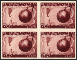 ARGENTINA: GJ.962, 1949 Cartography, PROOF In Chestnut-lilac, Imperforate Block Of 4 Printed On Opaque Paper, Minor Defe - Poste Aérienne