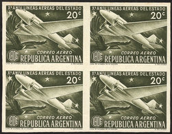 ARGENTINA: GJ.996, 1951 LADE, PROOF In The Adopted Color, Imperforate Block Of 4 Printed On Paper With Glazed Front, VF  - Aéreo