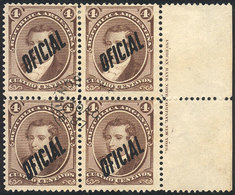 ARGENTINA: GJ.15, 4c. Moreno, Fantastic Marginal Block Of 4 With Printer Imprint, Well Cancelled On The Center, Superb,  - Officials