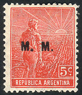 ARGENTINA: GJ.456, 1915 5c. Plowman, Italian Paper With Vertical Honeycomb Wmk, Perf 13½x12½, Rare! - Officials