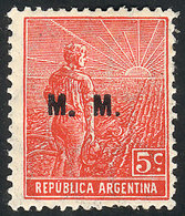 ARGENTINA: GJ.456, 1915 5c. Plowman, Italian Paper With Vertical Honeycomb Wmk, Perf 13½x12½, Rare! - Service