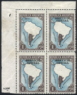 ARGENTINA: GJ.665c, 1P. Map, Corner Block Of 4, One Stamp WITHOUT OVERPRINT, MNH (+50%), Superb! - Oficiales
