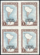 ARGENTINA: GJ.677P, 1P. Map With Antarctica, IMPERFORATE BLOCK OF 4 With INVERTED Overprint, Mint, The Bottom Pair Is MN - Servizio