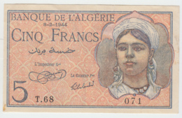 Algeria 5 Francs 1944 VF+ Banknote Pick 94a 94 A - Algerien